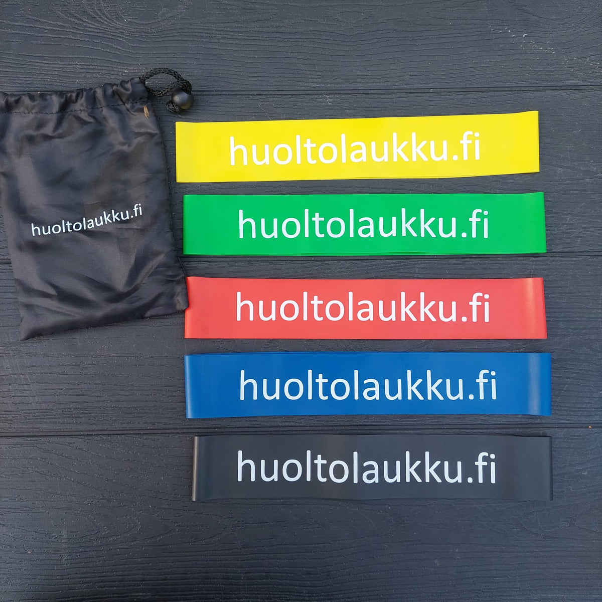 Kuminauhalenkkisetti 5 vahvuutta 500 mm x 50 mm, monipuolinen vastuskuminauhasetti