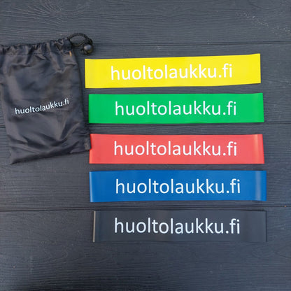 Kuminauhalenkkisetti 5 vahvuutta 500 mm x 50 mm, monipuolinen vastuskuminauhasetti